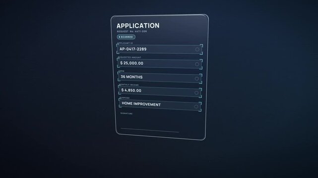 Loan application approval process, holographic form scanned, verified and signed before approved check appears