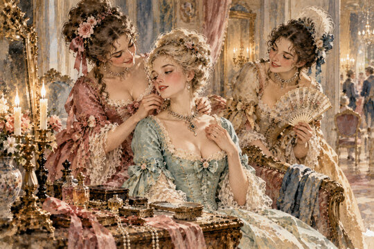 Rococo Lady Getting Ready for Ball With Friends and Jewelry