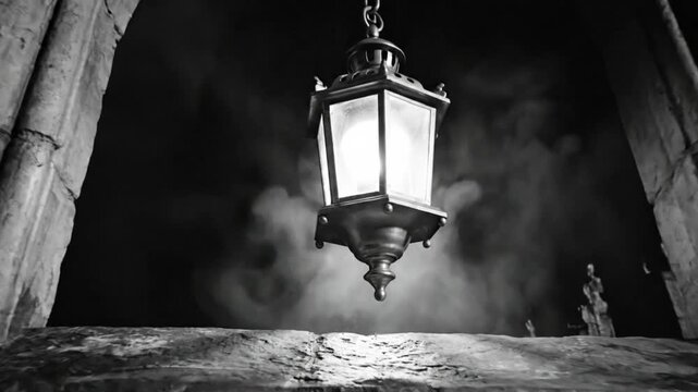 Spooky gothic window framed with a hanging lantern and flowing mist in monochrome atmosphere.