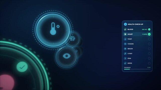 Medical health check-up interface, vital sign icons for blood, heart, vision, brain and DNA form a cross