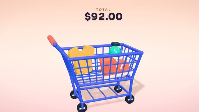 Shopping cart fills with products as total price rises, then pay button is pressed and payment marked paid