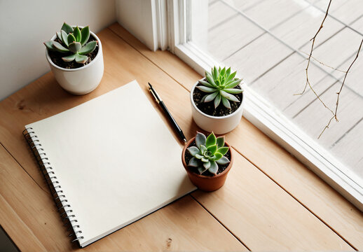 An open blank notebook with a pen and a small succulent plant on a minimalist wooden desk by a sunlit window with hanging plants, soft diffused overcast light, calm and even, cozy minimal home...