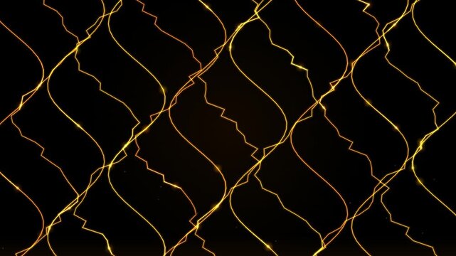 Abstract glowing yellow lightninglike lines forming a looping pattern over a black background.