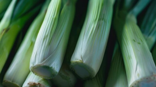 Close-up of fresh green and white leeks with trimmed stems