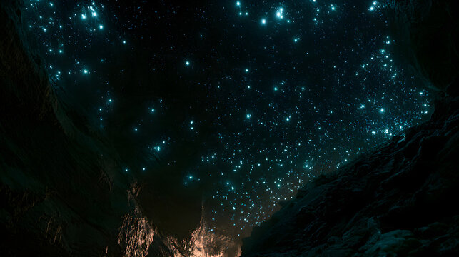 Glow Worm Cave Ceiling Twinkling Like Stars In Complete Darkness