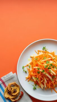 A vibrant photograph of Luxembourgish Carrot & Apple Salad with micro-mint, featuring a dramatic orange negative space backdrop and a corner detail of dried apple peel and red-white-blue linen.