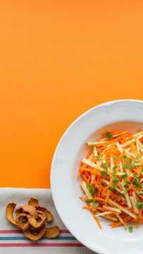 A vibrant photograph of Luxembourgish Carrot & Apple Salad with micro-mint, featuring a dramatic orange negative space backdrop and a corner detail of dried apple peel and red-white-blue linen.