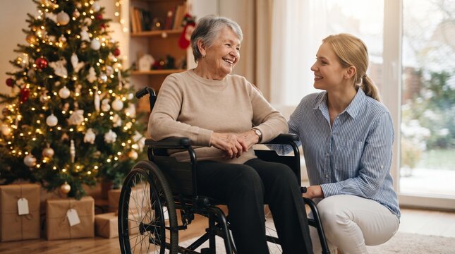 A senior woman in wheelchair with a health visitor at home at Christmas time.