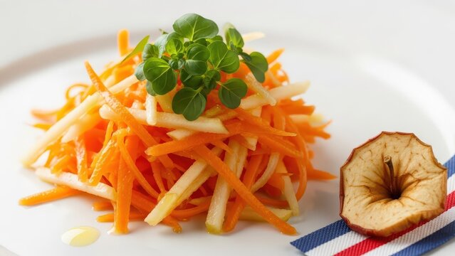 A vibrant photograph of Luxembourgish Carrot & Apple Salad with micro-mint, featuring a dramatic orange negative space backdrop and a corner detail of dried apple peel and red-white-blue linen.