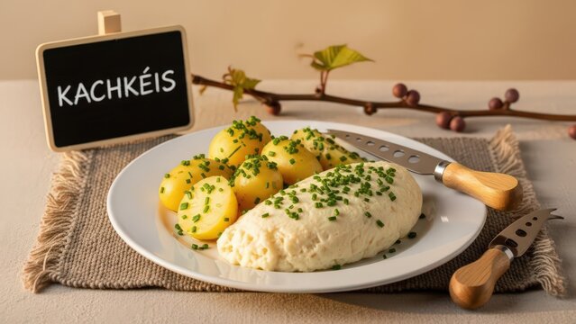 Silky Kachk&eacute;is cooked cheese with boiled potatoes and chive oil, featuring a chalkboard, wooden cheese knife, and a vine twig on a wool mat against a warm beige background with vast copy space.