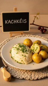 Silky Kachk&eacute;is cooked cheese with boiled potatoes and chive oil, featuring a chalkboard, wooden cheese knife, and a vine twig on a wool mat against a warm beige background with vast copy space.
