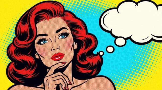 Pop art illustration of beautiful woman with red hair thinking. Retro comic book style lady empty thought bubble above head. Vibrant colorful halftone pattern background. Expressive female character