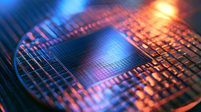 Glowing Silicon Chip Wafer Displayed Under Bright Clean Room Lighting