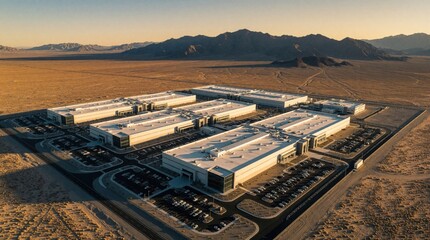 Fototapeta premium Aerial view of large modern data center campus in desert landscape. High tech server facility buildings sit near mountains under golden dusk sky. Industrial cloud computing complex with huge parking