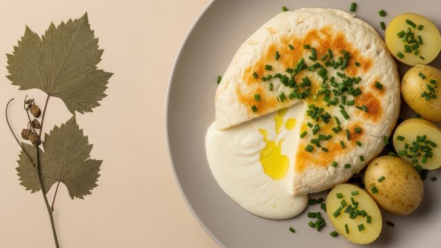 Silky Kachk&eacute;is cooked cheese with boiled potatoes and chive oil, featuring a dried chive and vine leaf print edge motif against a warm beige background with vast copy space.