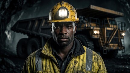 Fototapeta premium Portrait of determined black miner wearing yellow hard hat with bright headlamp in dark underground tunnel. Strong man stands near massive mining dump truck. Industrial worker looks serious with