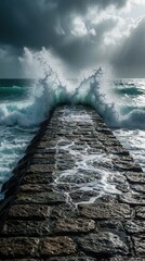 Fototapeta premium Powerful ocean waves crash over stone jetty during storm. Huge water splashes hit breakwater structure under dark moody sky. Rough sea swell creates white foam, spray on rocky pier. Dramatic coastal