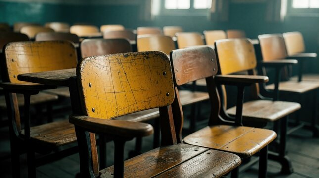 Old wooden chairs in empty classroom of poor school. Rows of worn school desks in rustic study room without students. Rural education concept showing lack of resources in village school. Vintage