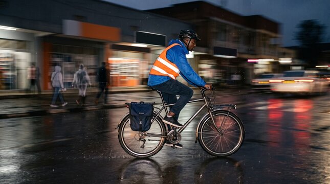Bicycle courier rides through Kigali after rainfall