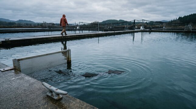 Fish enter a quiet receiving pool after transfer
