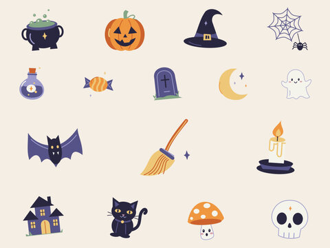 Twilight cute Halloween clipart set with pumpkins ghosts and witch acc
