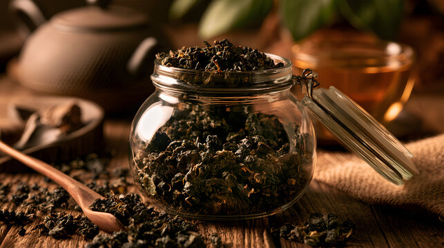 Loose Leaf Oolong Tea Resting In An Open Glass Jar
