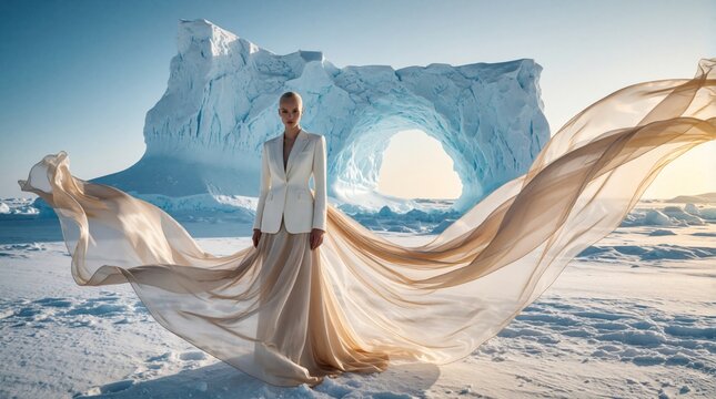 Fashion model in white blazer, long silk skirt stands in arctic landscape. Elegant woman poses near huge blue iceberg under bright sun. Flowing beige fabric flies in wind over snow, ice. Surreal
