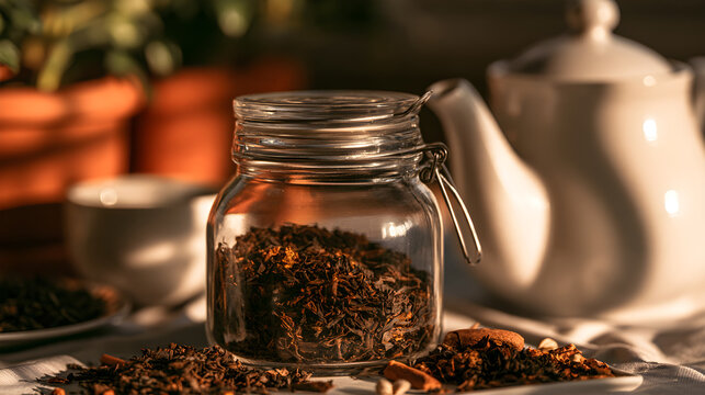 Loose Leaf Tea Leaves Resting In A Glass Jar Beside A Teapot