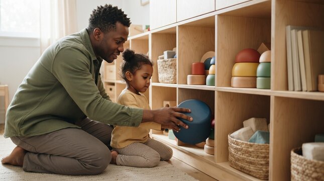 Father guides a childs toy sorting routine