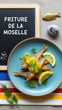 Crispy Friture de la Moselle fried small fish with lemon gel and dill, featuring a chalkboard, brass fish scaler, and river stone on a national color linen against a river-blue background 