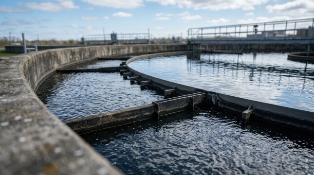 Circular clarifier tank at a wastewater treatment plant with rippling water and visible sediment baffles