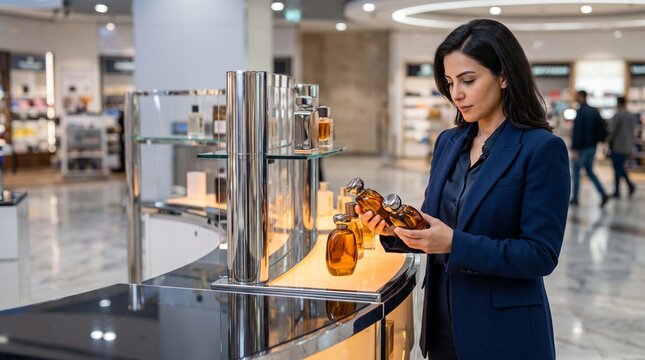 Kuwait duty-free fragrance counter with poised shopper