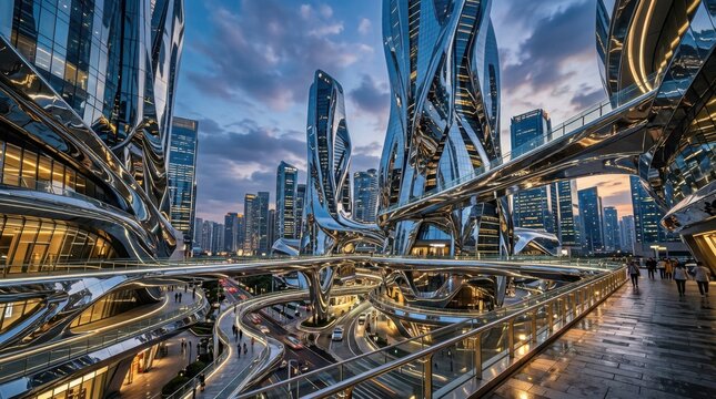 Futuristic Curved Skyscrapers with Connected Skywalks at Dusk Cityscape