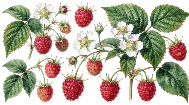 Watercolor painting of ripe red raspberry plant. Juicy berries on green stems with white flowers, leaves. Hand drawn botanical illustration of summer fruit garden harvest. Organic forest berries