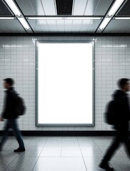 Fototapeta premium Blank white billboard inside subway station. Large empty advertising marquee on tiled wall in metro tunnel. Blurred people walk past poster mockup. Commercial space for marketing brand message urban