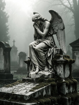 Marble statue of grieving angel sits on old stone grave in foggy cemetery. Sad angel sculpture on memorial monument. Dark moody atmosphere in historic graveyard during misty morning. Religious