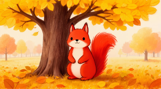 Squirrel on oak: Hand-drawn naive red squirrel on oak with golden foliage. Cozy illustration for fall cards.
