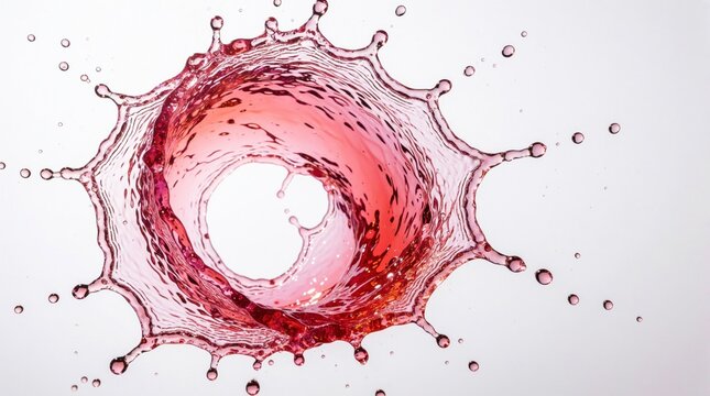 Vibrant red lychee juice splash flies across white background. Liquid crown shape moves in midair with many tiny drops. Refreshing fruit drink explosion creates dynamic motion for healthy beverage
