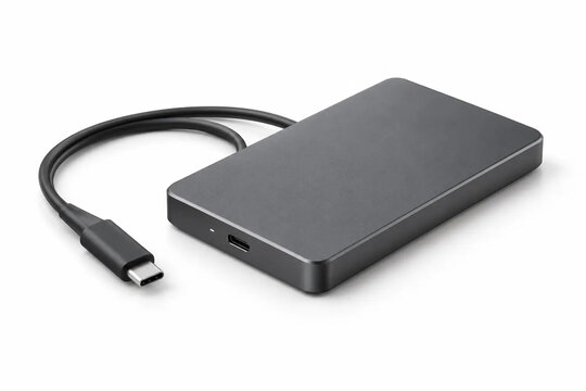 A sleek, dark gray external solid state drive sits on a clean white background.