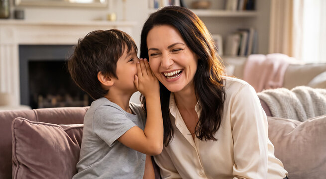 Young boy whispering a secret to his laughing mother on a sofa, cozy living room setting. Family bonding, happiness, childhood joy, motherhood, lifestyle.