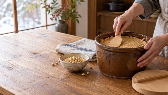 寒仕込みの手作り味噌と保存容器がある冬の台所