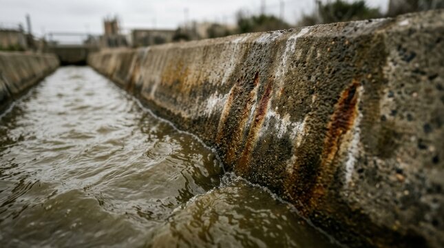Murky wastewater flowing through concrete outfall channel stained with sediment and mineral discoloration