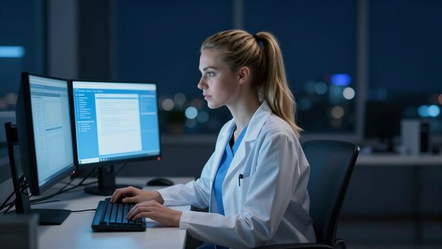 A focused healthcare worker inputs medical records into a digital system during nighttime hours in a modern office setting.