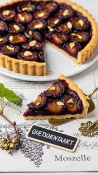 A slice of flaky Quetschentaart plum tart with almond cream and edible gold, featuring a miniature brass server, chalkboard, and vine twig on a Moselle vine print against a deep purple background 