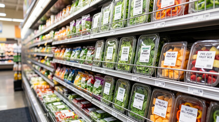 Fototapeta premium Grocery store shelves filled with various plastic containers of fresh salad, baby spinach, sliced peppers, and fruit mixes for sale in a supermarket