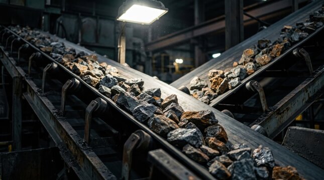 Raw rare-earth ore chunks tumbling down an industrial conveyor belt under harsh floodlight, critical minerals mining and supply chain