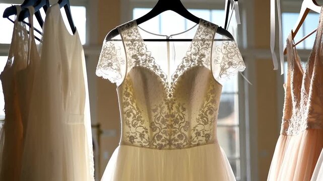 White elegant lace bridal dresses hanging on clothing rack in wedding boutique salon