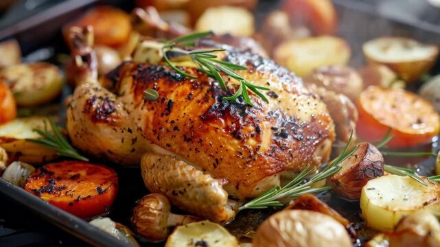 Roasted Whole Chicken with Tomatoes and Rosemary in Baking Tray