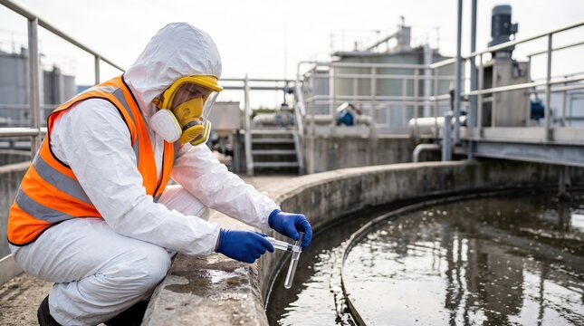 A professional in a hazmat suit and orange vest collects a water sample from an industrial basin into a test tube for laboratory analysis