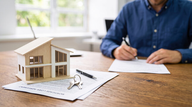 Professional man in a blue shirt signs paperwork at a wooden desk with a wooden house model and keys present to represent a new home purchase
